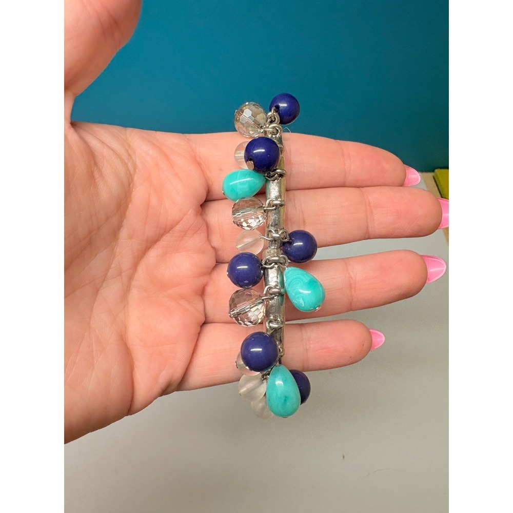 Silver Tone Teal Navy Blue Clear Glass Bead Dangle Charm Stretch Bangle Bracelet